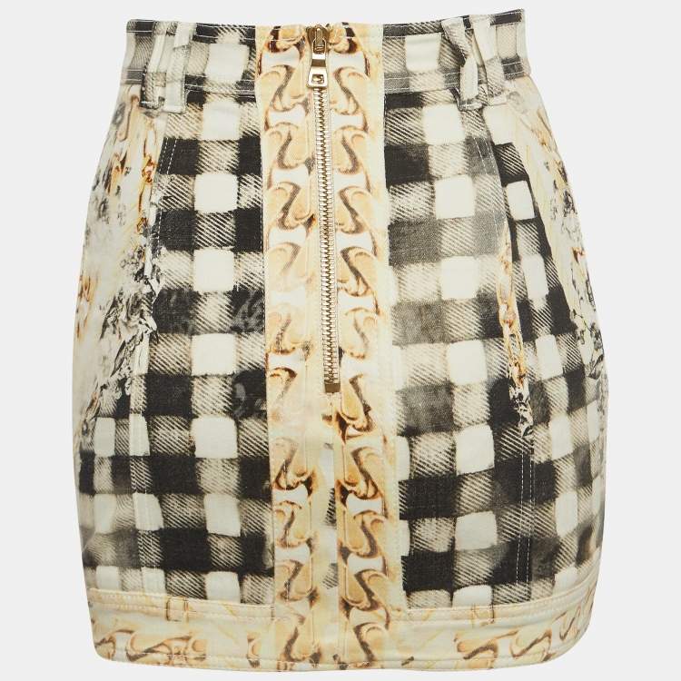 Pre Owned Balmain Grey Checked Cotton Buttoned Detail Mini Skirt S