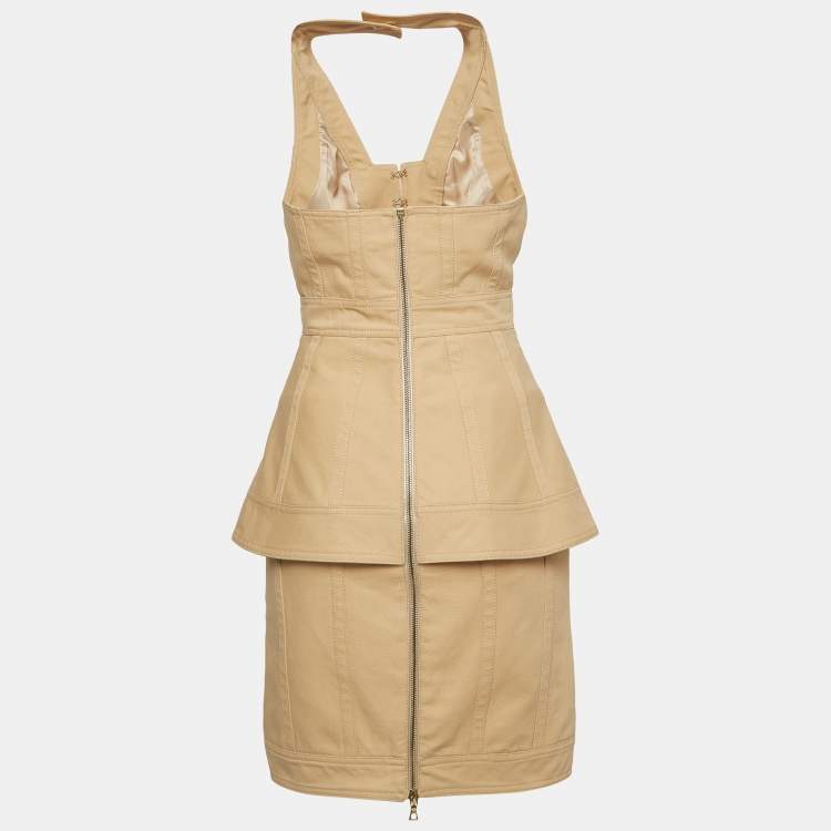 Pre Owned Balmain Beige Cotton Canvas Halter Neck Peplum Style Mini Dress S