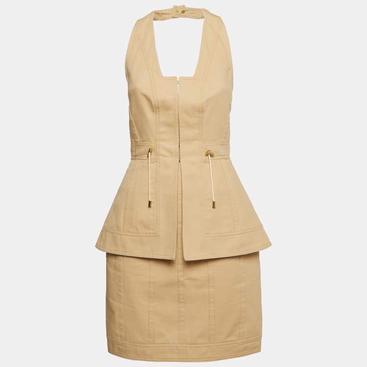 Pre Owned Balmain Beige Cotton Canvas Halter Neck Peplum Style Mini Dress S