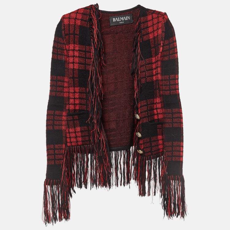 Pre Owned Balmain Red/Black Tartan Wool Fringed Open Front Blazer S  