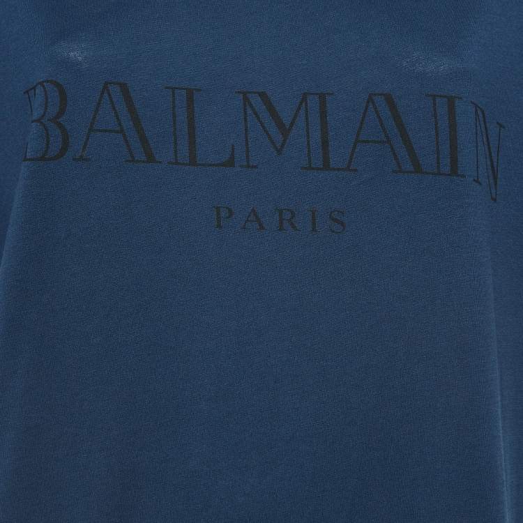 Pre Owned Balmain Navy Blue Logo Print Cotton Half Sleeve T-Shirt L