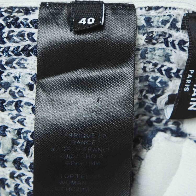 Pre Owned Balmain Blue Tweed Button Detailed Crop Top M