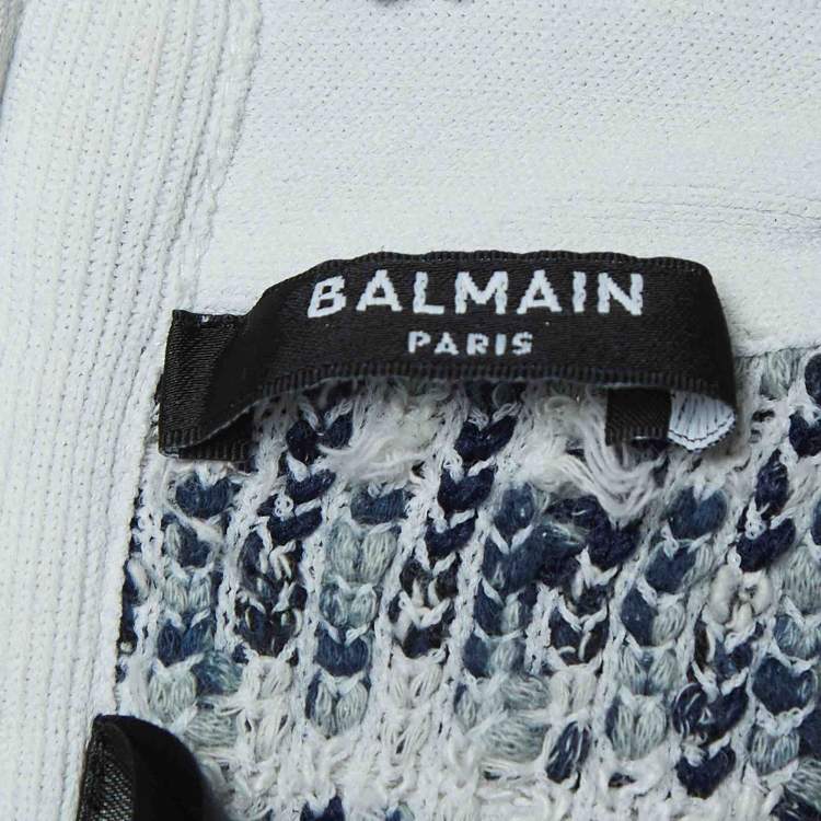 Pre Owned Balmain Blue Tweed Button Detailed Crop Top M