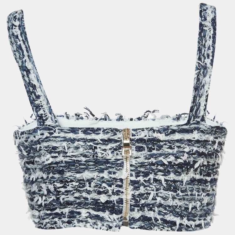 Pre Owned Balmain Blue Tweed Button Detailed Crop Top M