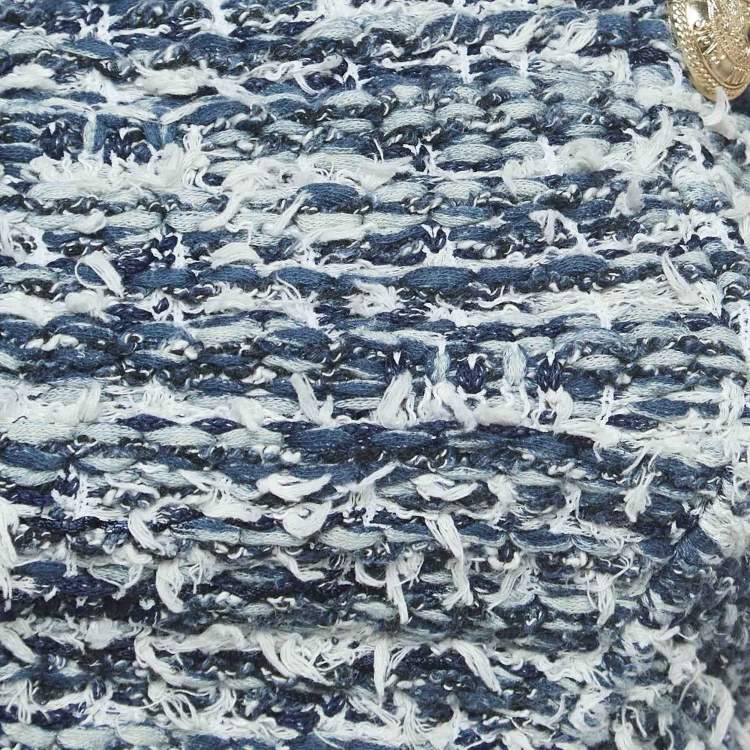 Pre Owned Balmain Blue Tweed Button Detailed Crop Top M
