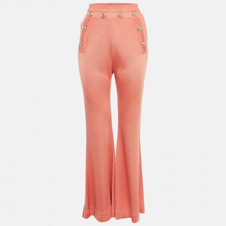 Pre Owned Balmain Orange Coral Knit Button Detailed Flared Trousers M