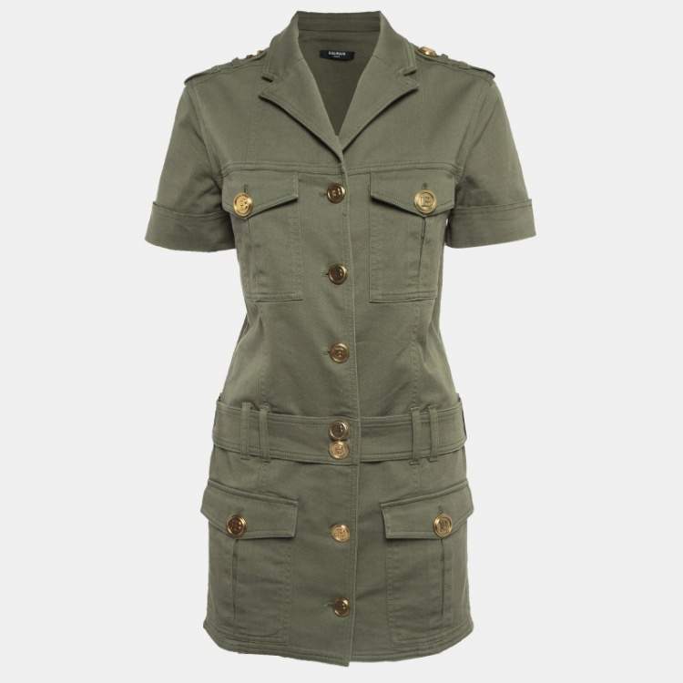 Pre Owned Balmain Military Green Gabardine Belted Shirt Dress S