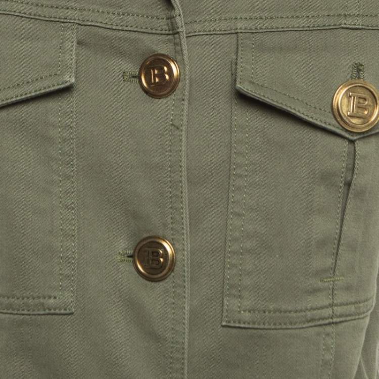 Pre Owned Balmain Military Green Gabardine Belted Shirt Dress S