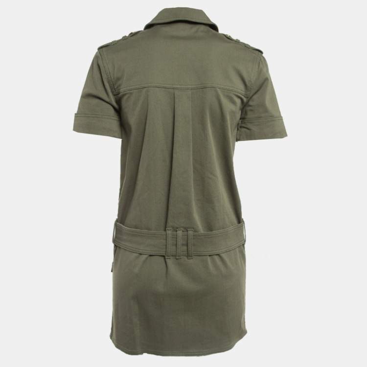 Pre Owned Balmain Military Green Gabardine Belted Shirt Dress S