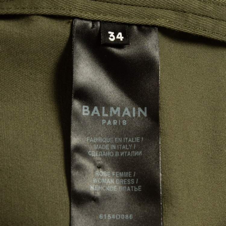 Pre Owned Balmain Military Green Gabardine Belted Shirt Dress S