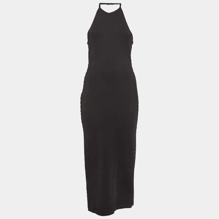 Pre Owned Balmain Black Lace-Up Stretch Knit Midi Dress M
