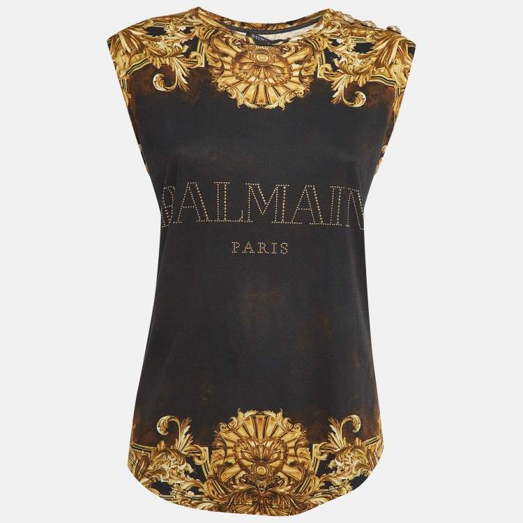 Pre Owned Balmain Black/Yellow Printed Jersey Sleeveless T-Shirt M