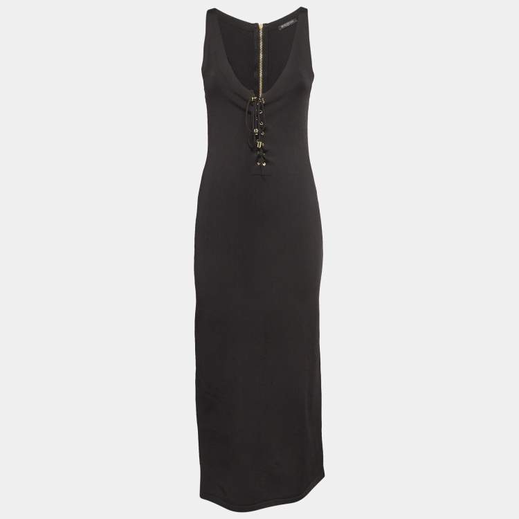 Pre Owned Balmain Black Stretch Knit Lace-up Midi Dress M