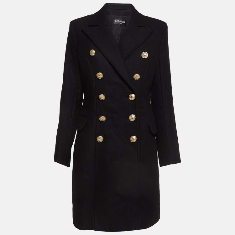 Pre Owned Balmain Black Wool-Blend Double-Breasted Coat M
