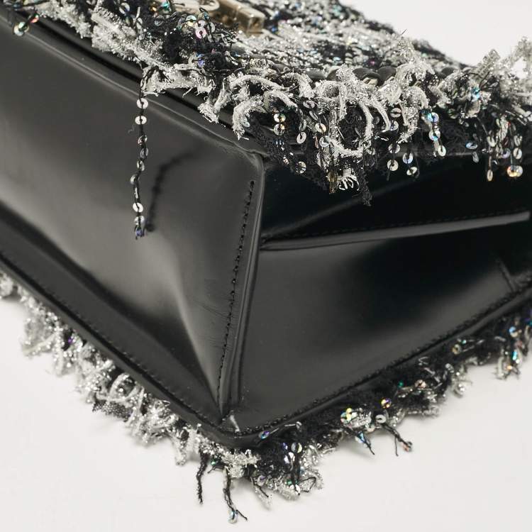 Pre Owned Balmain Silver/Black Tweed and Sequins Box Shoulder Bag