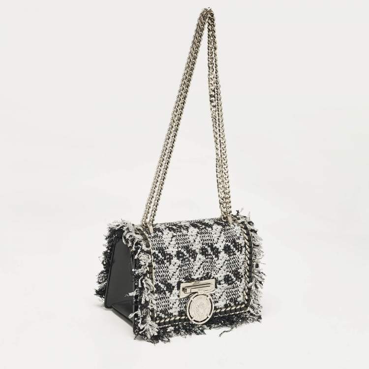 Pre Owned Balmain Silver/Black Tweed and Sequins Box Shoulder Bag