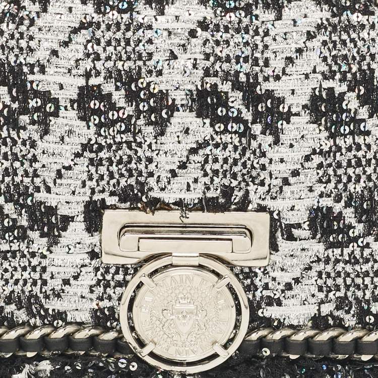 Pre Owned Balmain Silver/Black Tweed and Sequins Box Shoulder Bag