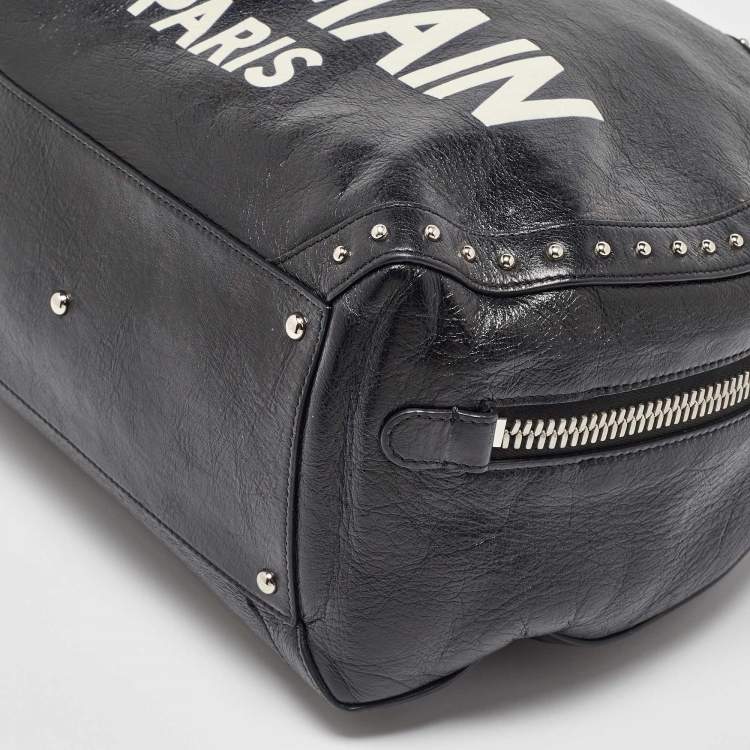 Pre Owned Balmain Black Leather Studded Logo Drum Top Handle Bag