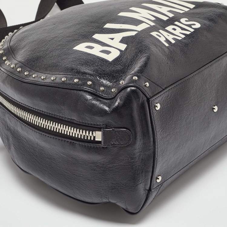 Pre Owned Balmain Black Leather Studded Logo Drum Top Handle Bag