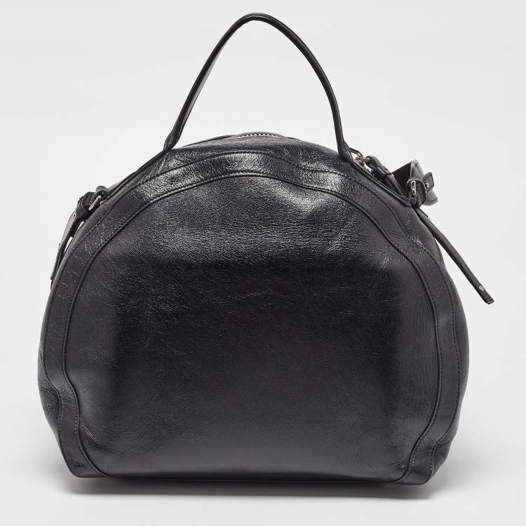 Pre Owned Balmain Black Leather Studded Logo Drum Top Handle Bag