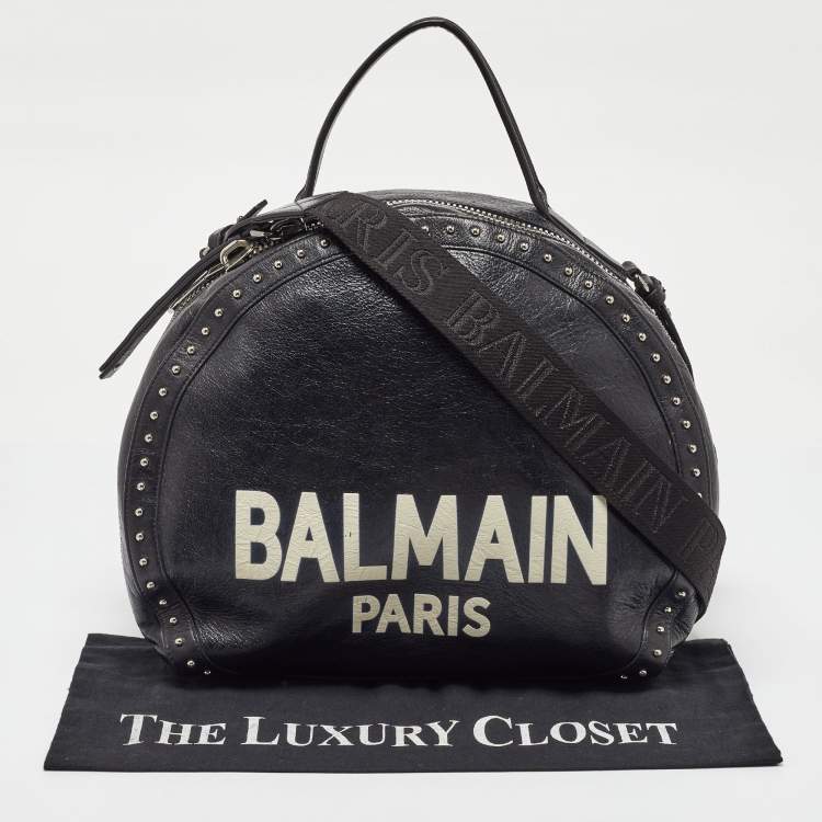 Pre Owned Balmain Black Leather Studded Logo Drum Top Handle Bag