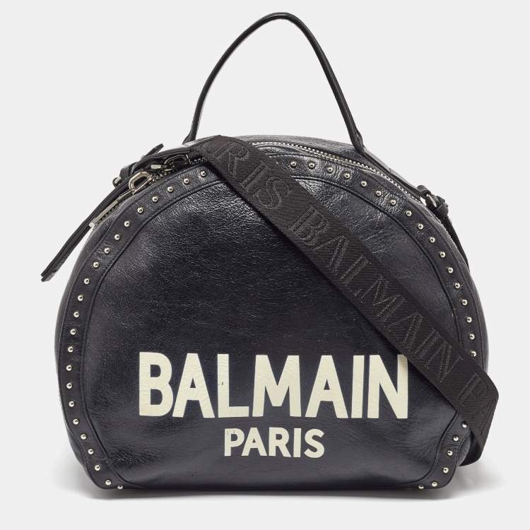 Pre Owned Balmain Black Leather Studded Logo Drum Top Handle Bag