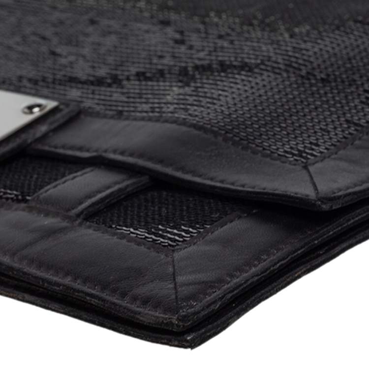 Pre Owned Balmain Black Leather and Sequin Flap Shoulder Bag