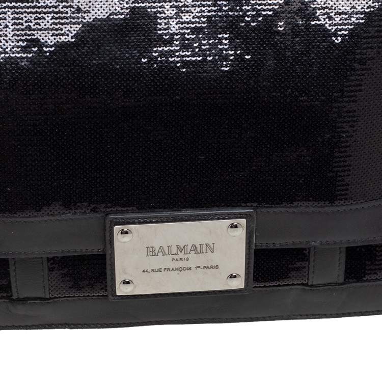 Pre Owned Balmain Black Leather and Sequin Flap Shoulder Bag