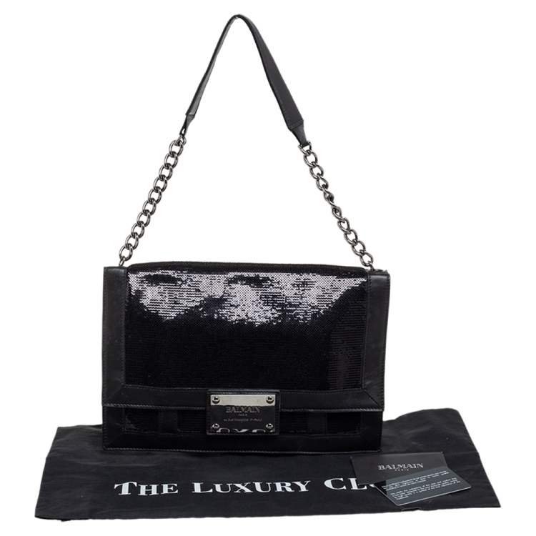 Pre Owned Balmain Black Leather and Sequin Flap Shoulder Bag
