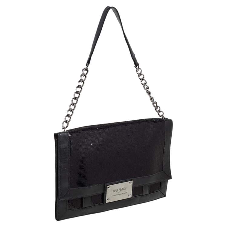 Pre Owned Balmain Black Leather and Sequin Flap Shoulder Bag