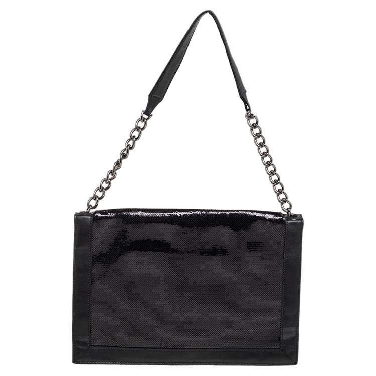 Pre Owned Balmain Black Leather and Sequin Flap Shoulder Bag