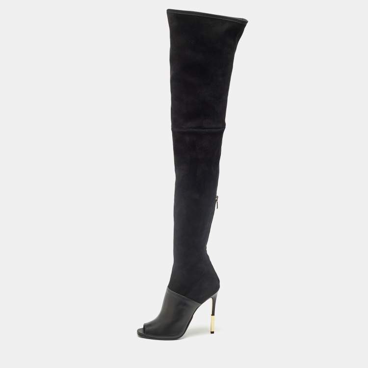 Pre Owned Balmain Black Suede Over Knee Length  Boots Size 40