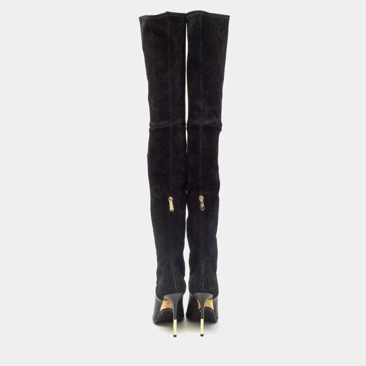 Pre Owned Balmain Black Suede Over Knee Length  Boots Size 40