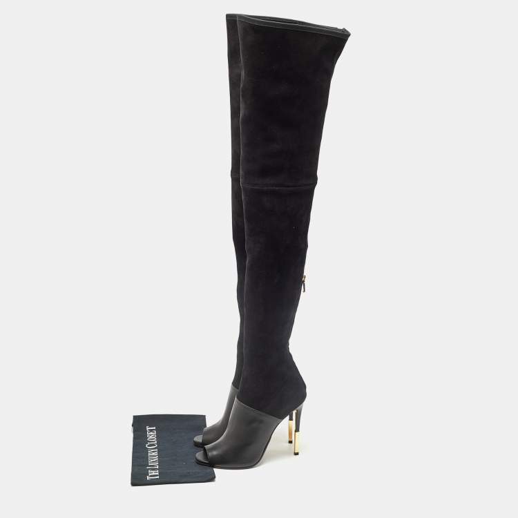 Pre Owned Balmain Black Suede Over Knee Length  Boots Size 40