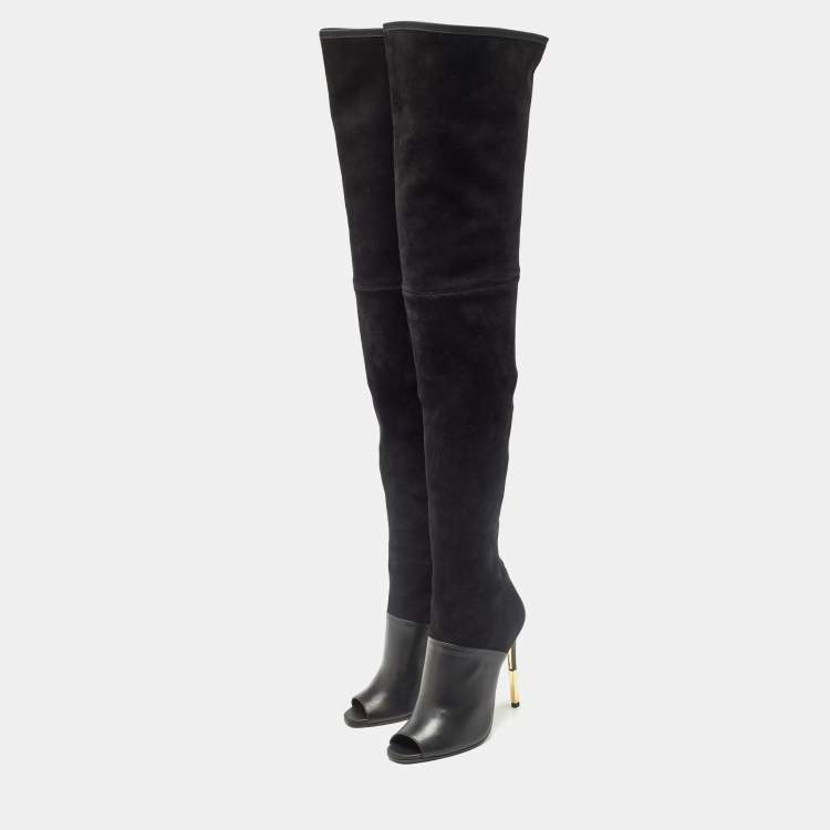 Pre Owned Balmain Black Suede Over Knee Length  Boots Size 40