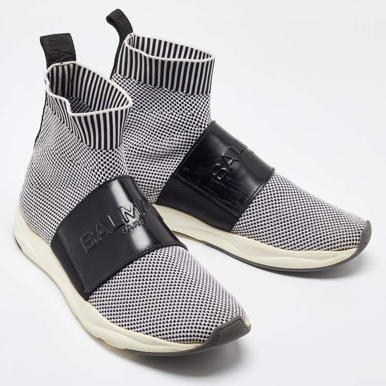 Pre Owned Balmain Black/White Knit Fabric and Leather Cameron Sock Sneakers Size 40