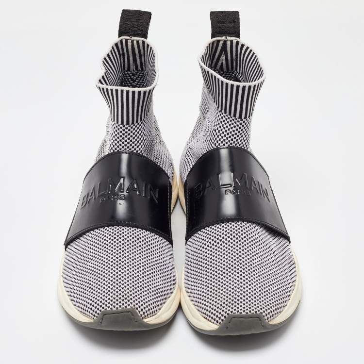 Pre Owned Balmain Black/White Knit Fabric and Leather Cameron Sock Sneakers Size 40