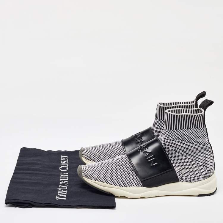 Pre Owned Balmain Black/White Knit Fabric and Leather Cameron Sock Sneakers Size 40