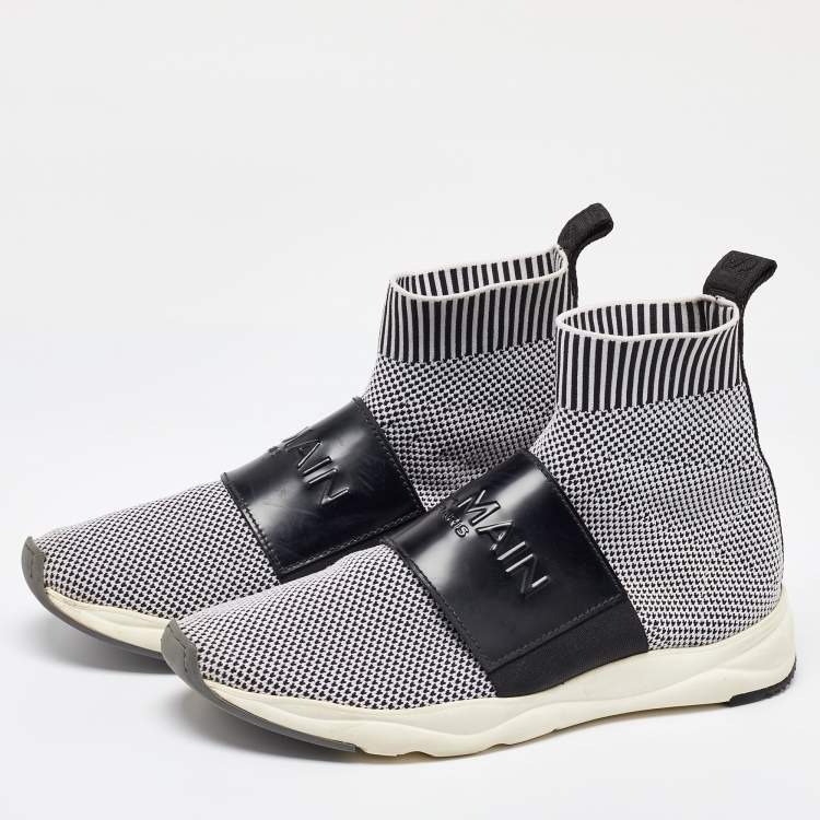 Pre Owned Balmain Black/White Knit Fabric and Leather Cameron Sock Sneakers Size 40