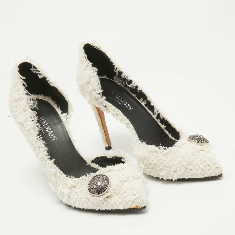 Pre Owned Balmain White Tweed D'orsay Pointed Toe Pumps Size 38