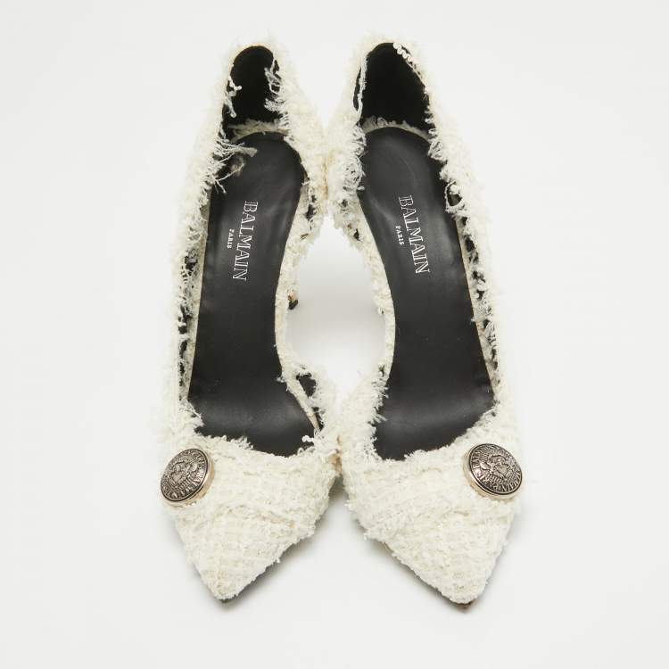 Pre Owned Balmain White Tweed D'orsay Pointed Toe Pumps Size 38
