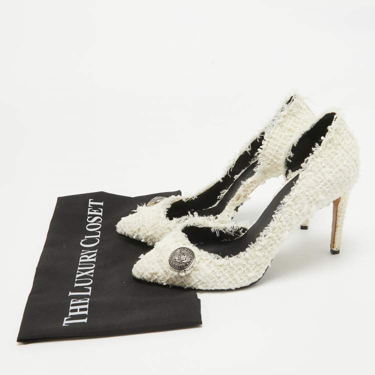 Pre Owned Balmain White Tweed D'orsay Pointed Toe Pumps Size 38