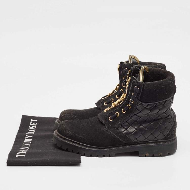 Pre Owned Balmain Black Leather and Suede Taiga Combat Boots Size 37