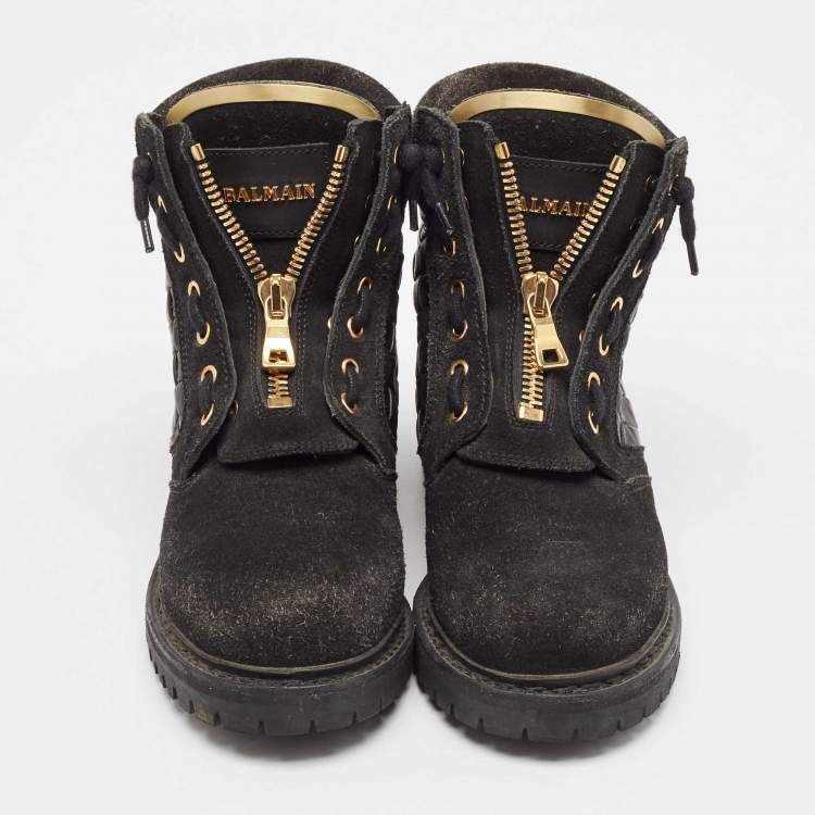 Pre Owned Balmain Black Leather and Suede Taiga Combat Boots Size 37