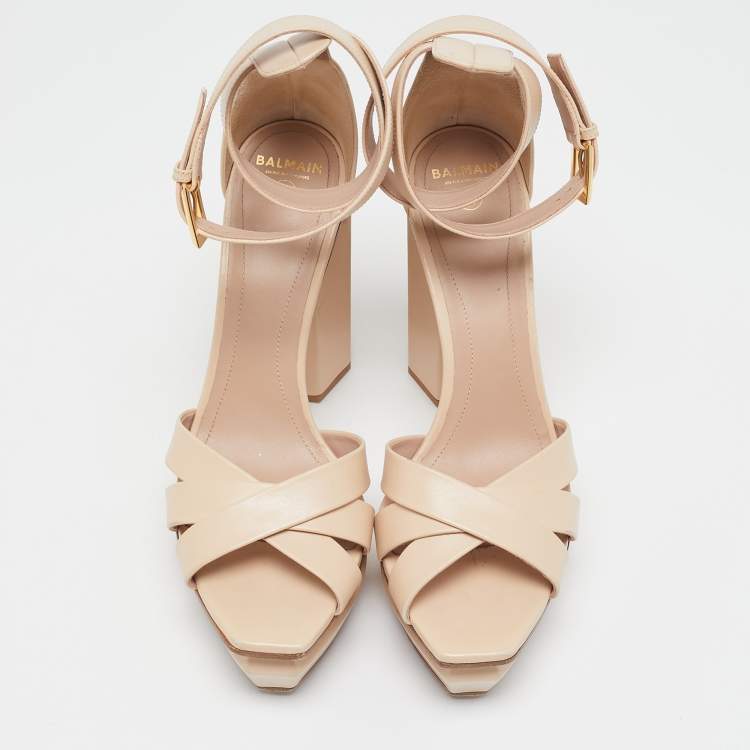 Pre Owned Balmain Beige Leather Ava Ankle Strap Sandals Size 39