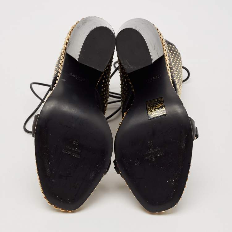 Pre Owned Balmain Black Leather Chain Lace Up Ankle Sandals Size 39