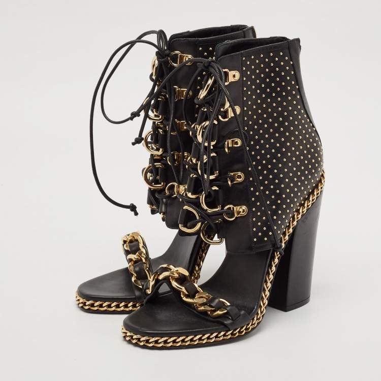 Pre Owned Balmain Black Leather Chain Lace Up Ankle Sandals Size 39