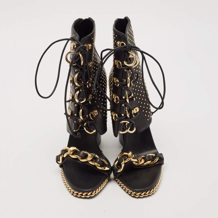 Pre Owned Balmain Black Leather Chain Lace Up Ankle Sandals Size 39