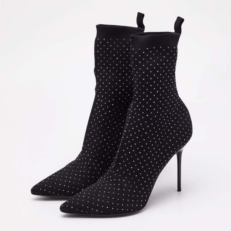 Pre Owned Balmain Black Knit Fabric Crystal Embellished Skye Ankle Length Boots Size 40