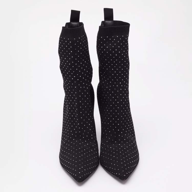 Pre Owned Balmain Black Knit Fabric Crystal Embellished Skye Ankle Length Boots Size 40